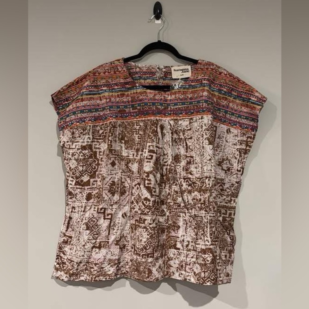 Savanna Jane sm/med embroidered Printe Blouse in Brown and Multi